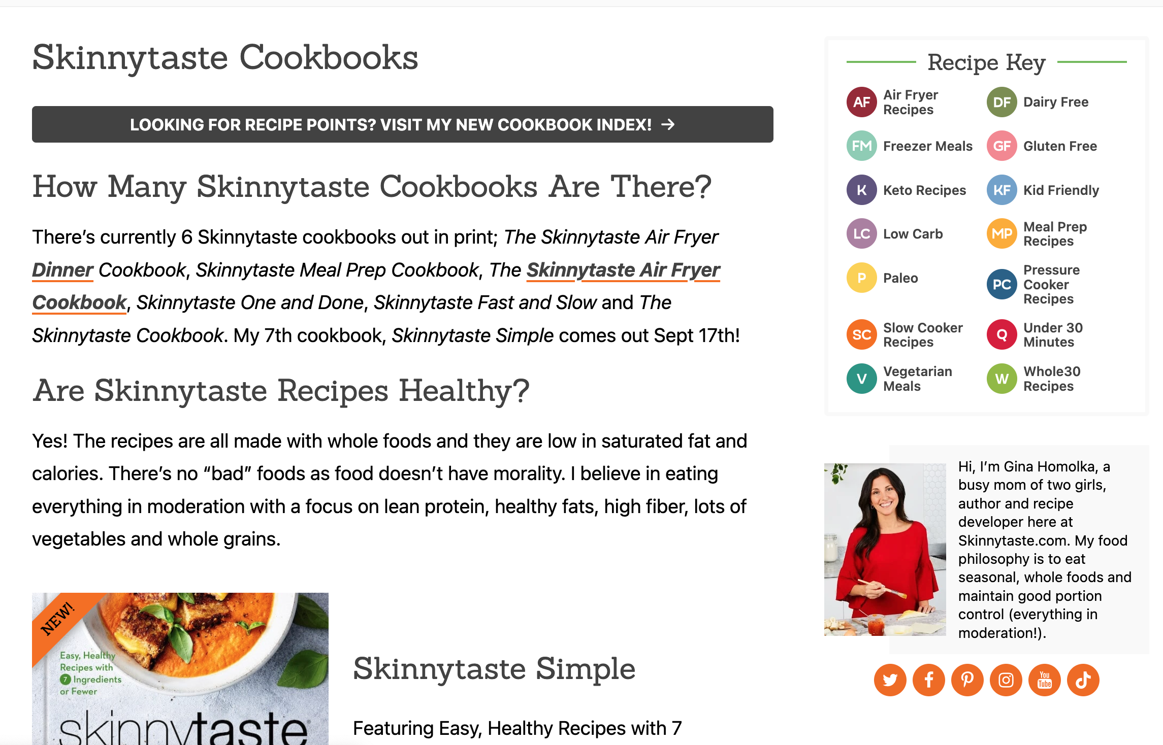 Skinnytaste.com advertising their cookbooks within a blog article.