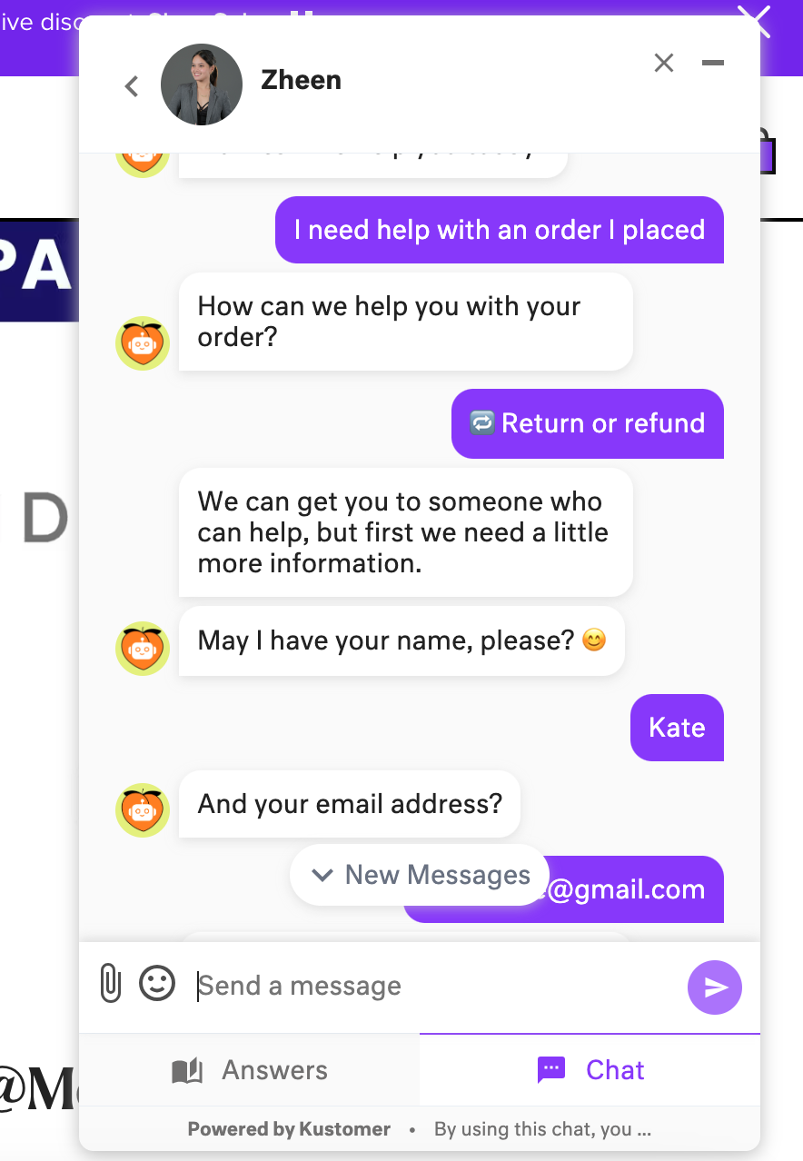 MeUndies e-commerce store chatbot helping with returning an order.