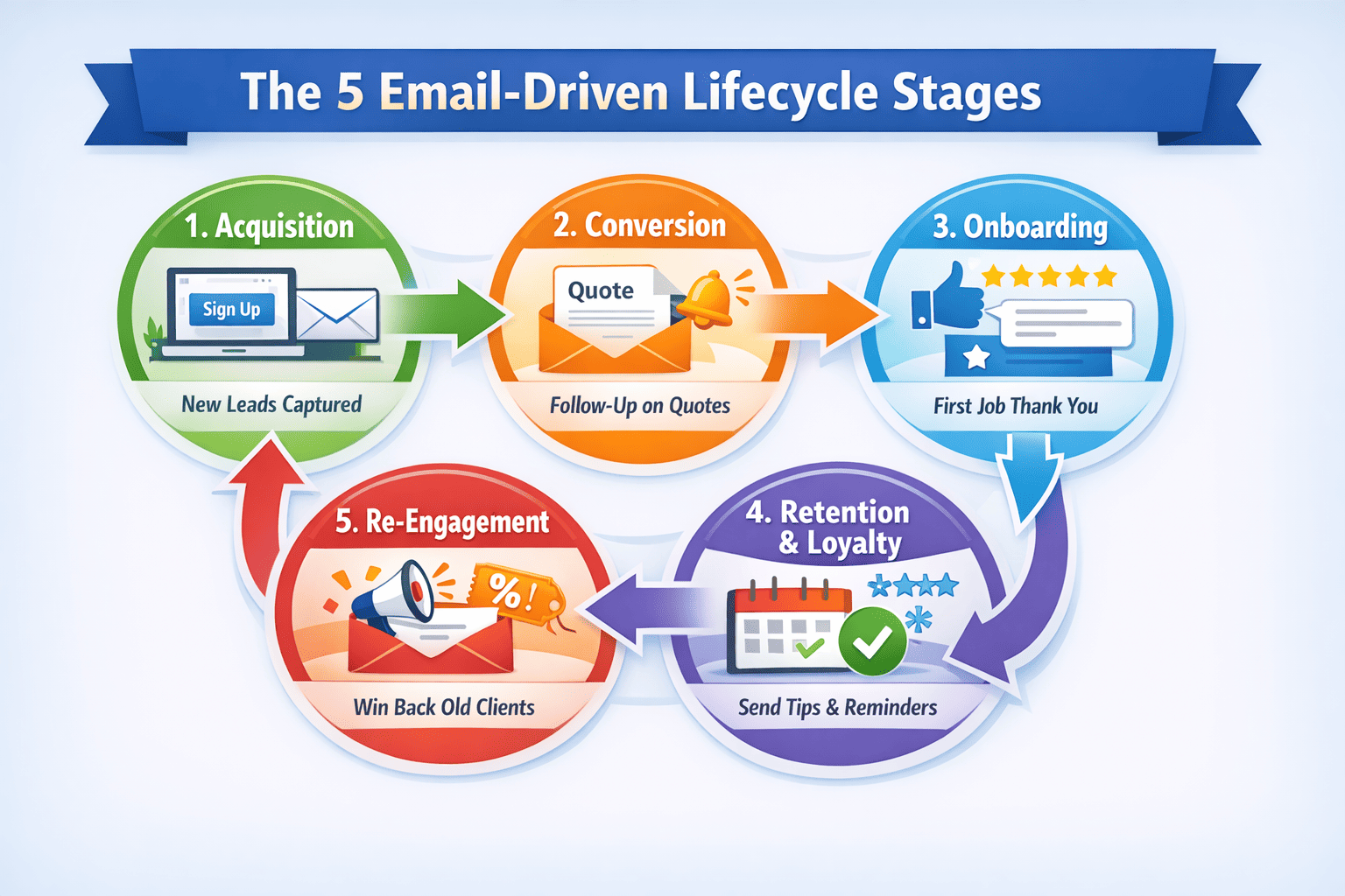 Five email lifecycle marketing stages diagram