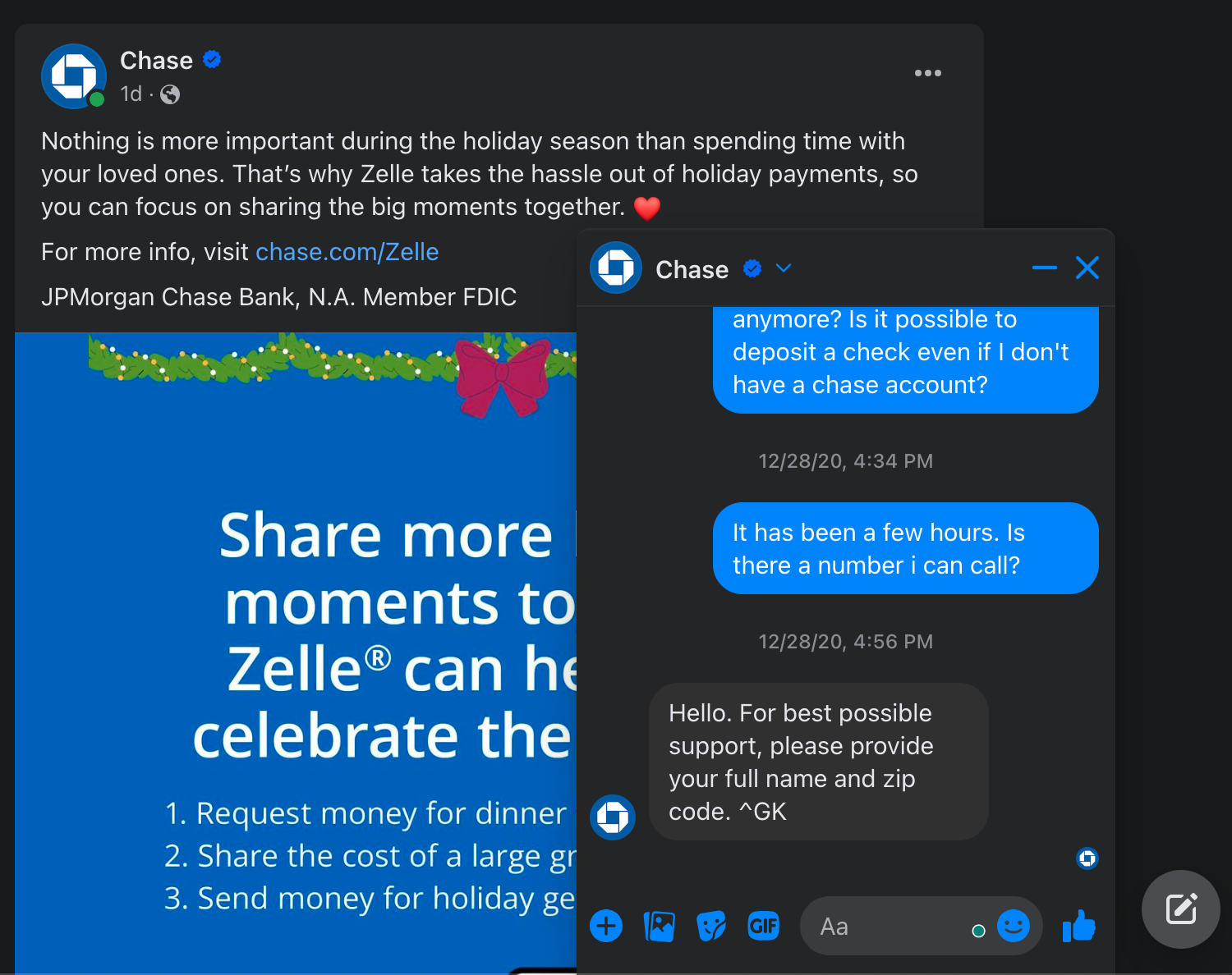 Chase social media chatbot.