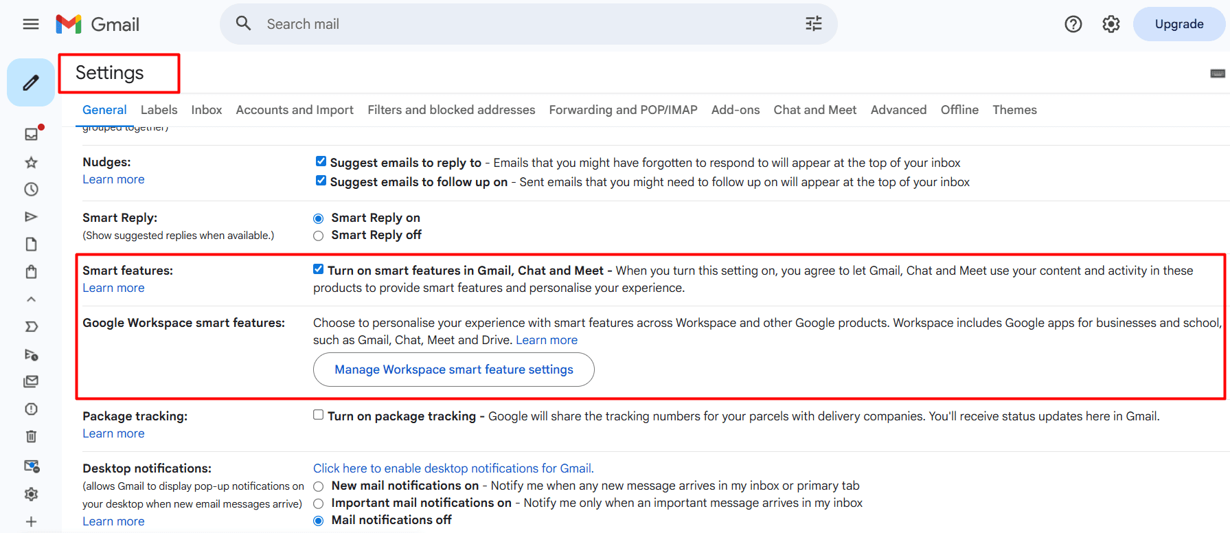 Gmail security settings smart features configuration screen
