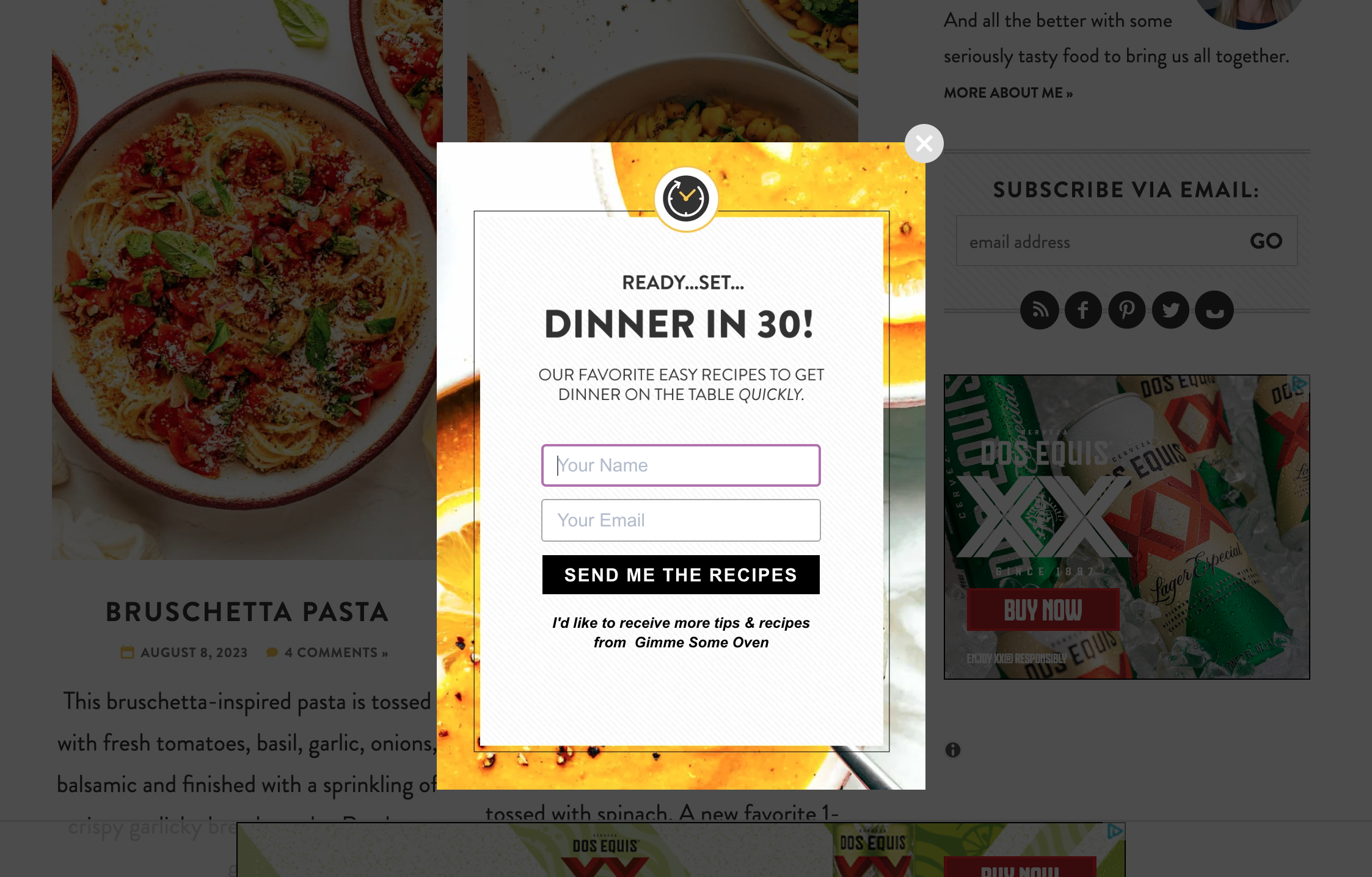 A pop-up urging visitors to sign up to receive recipes form Gimme Some Oven blog. 