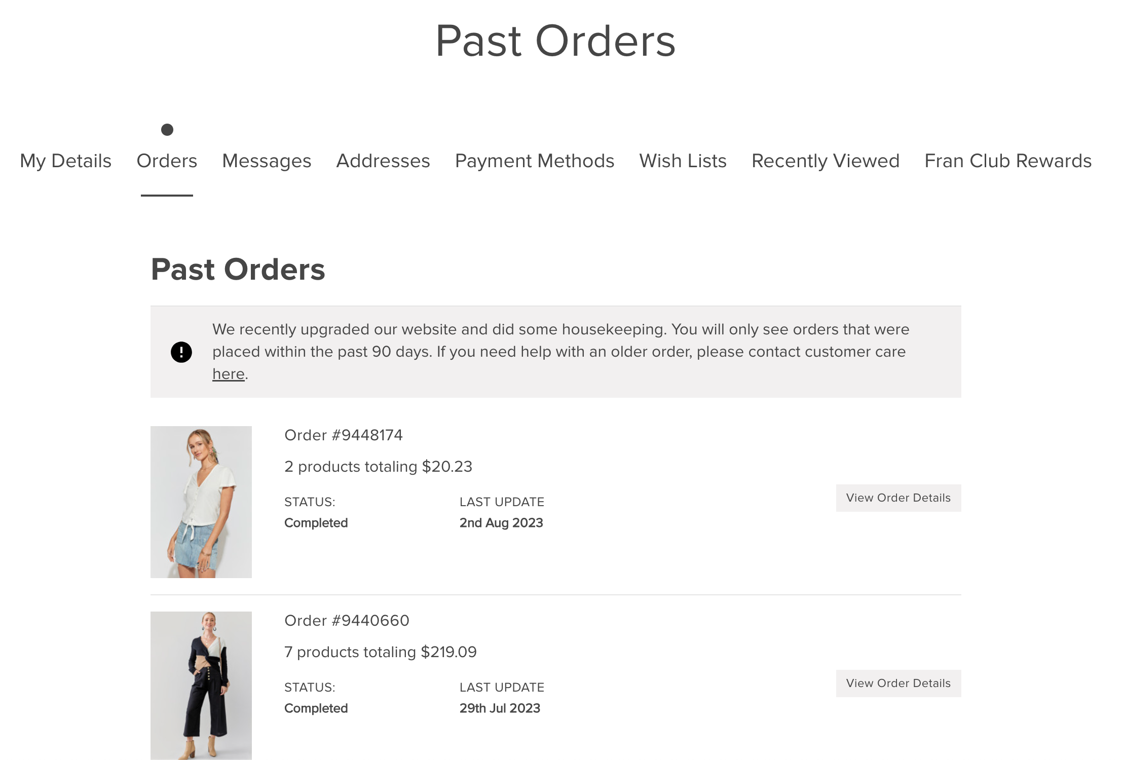Past orders from Francesca's customer dashboard.