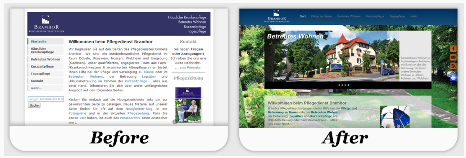 Images of a site's homepage before and after redesigning and publishing.