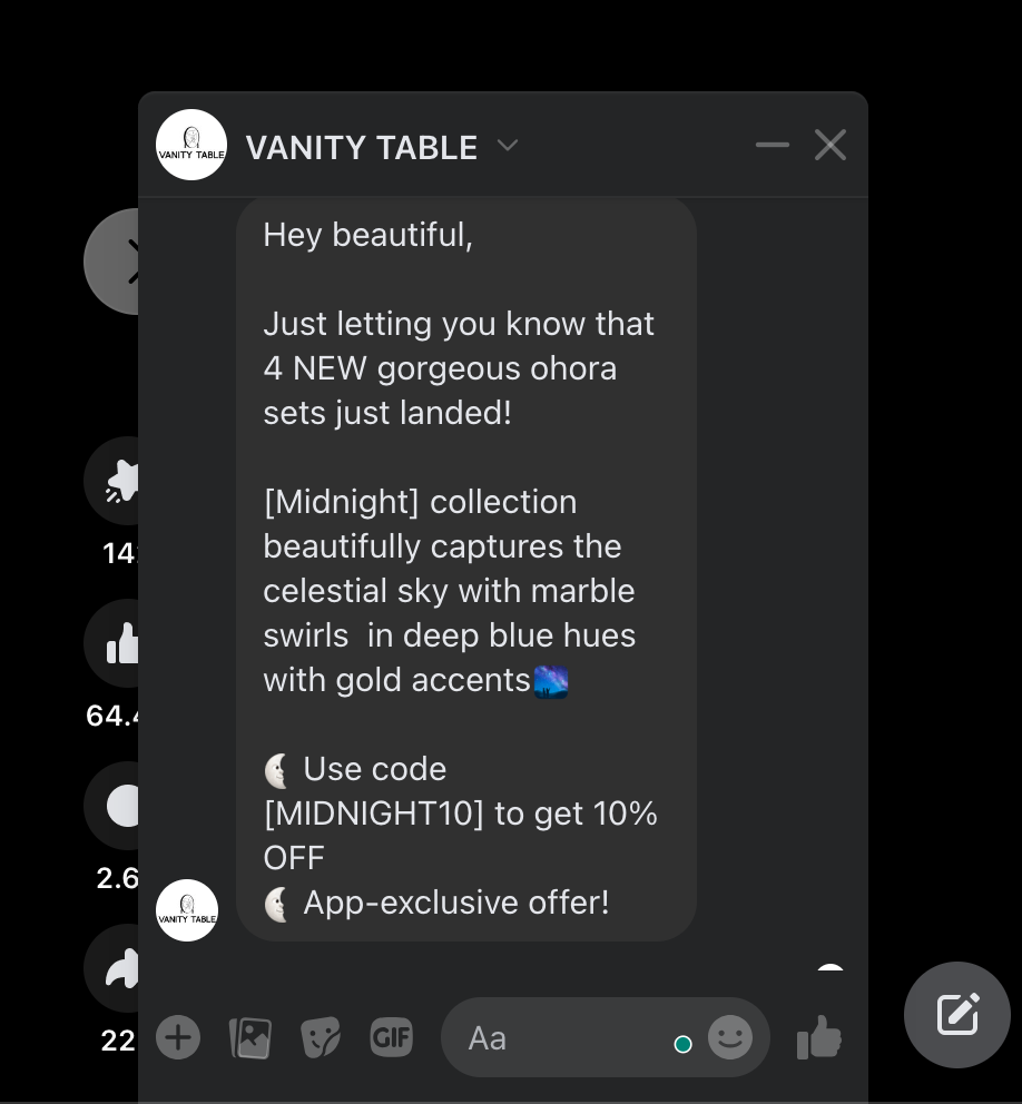 Vanity Table Facebook Messenger chatbot.