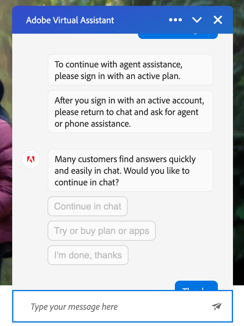 Adobe virtual chatbot.