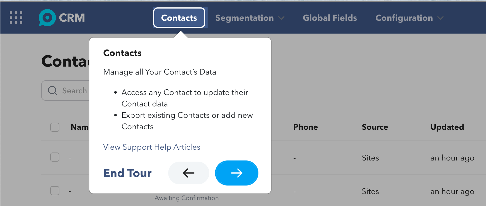 TruVISIBILITY CRM Contacts section