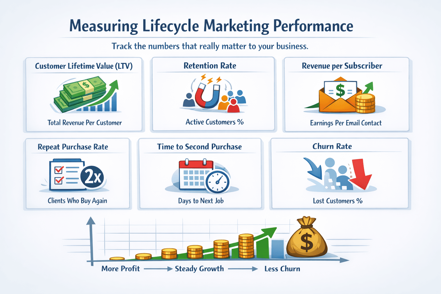Six lifecycle marketing performance metrics infographic